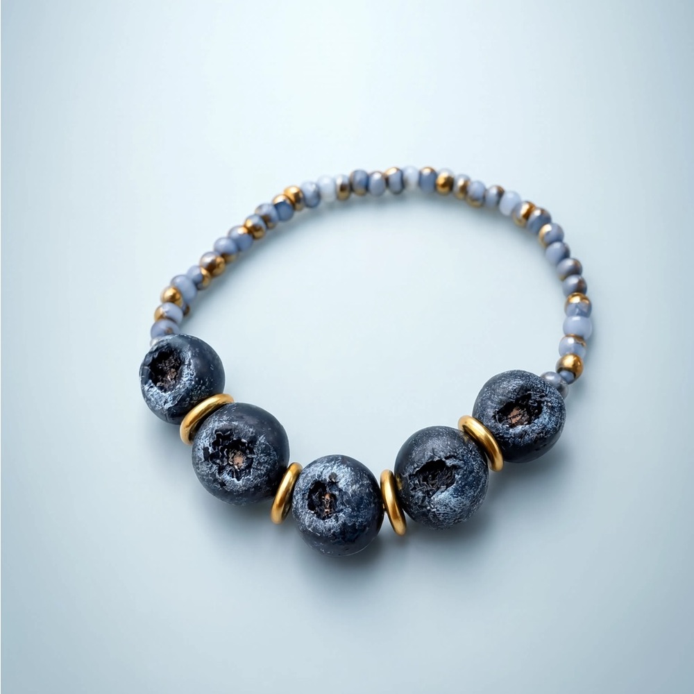 Artisan Handmade Blueberry Polymer Clay Bracelet, Gold Plated Accents